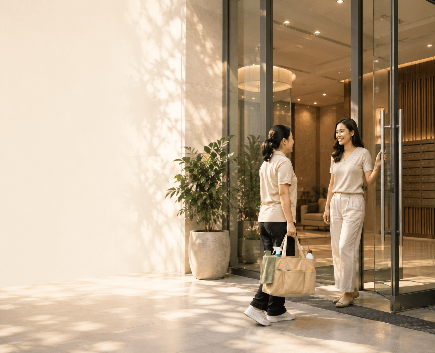 A household service professional being welcomed by a homeowner at a Philippine condominium entrance